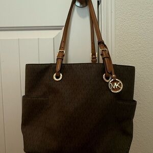 Michael Kors Dark Brown Tote with Tan Straps and gold accents